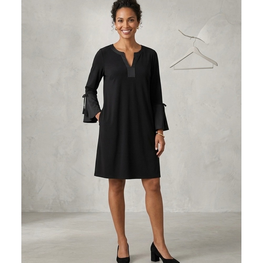 Chico's Women Bell Sleeve Midi Shift Dress Size 12 Black V Neck Pockets Pullover
